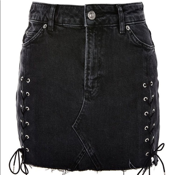 black lace up denim skirt